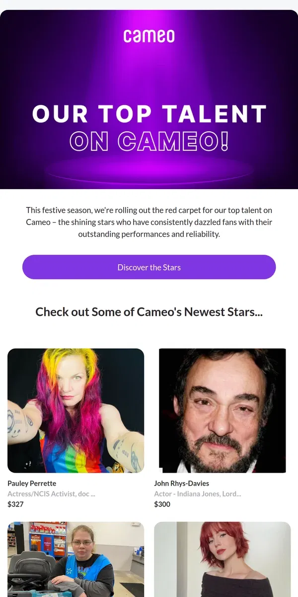 Email from Cameo. Our Top Stars on Cameo! 🌟🎄