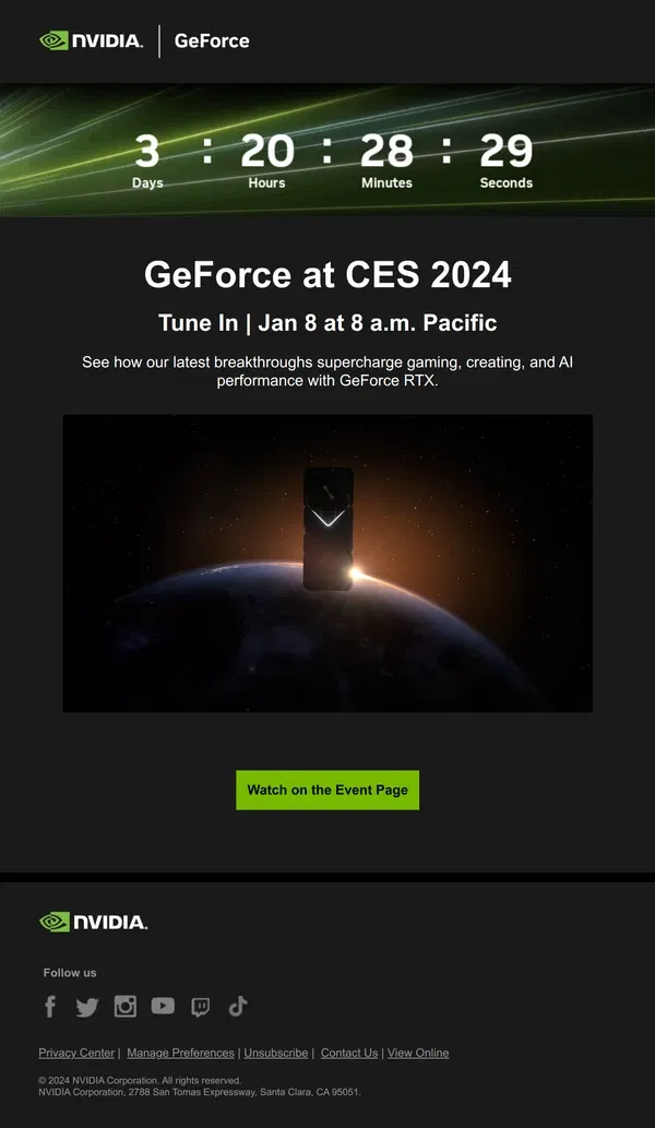 Email from NVIDIA. Watch Jan 8: GeForce at CES 2024