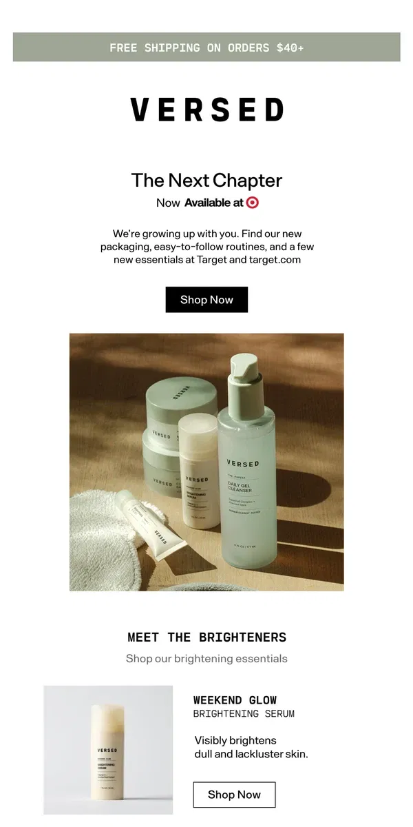 Email from Versed Skin. Our New Look, Now In Target