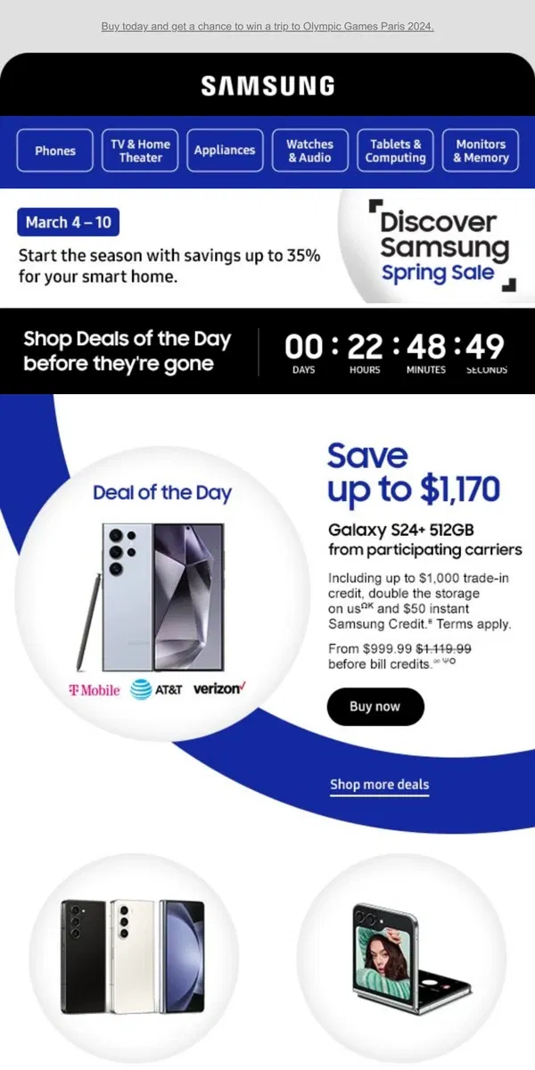 Email from Samsung. ✨🌼 [Name], we don't want you to miss this! Save up to $1,170 on must-have Galaxy devices.