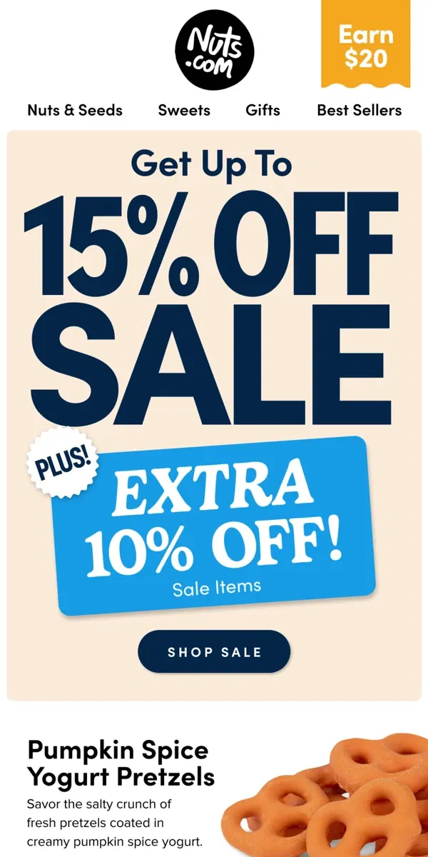 Email from Nuts.com. Double the Savings: Up to 15% Off Sale Items + Extra 10% Off!