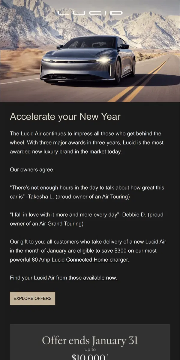 Email from Lucid Motors. Lucid Enthusiast, accelerate into 2024.