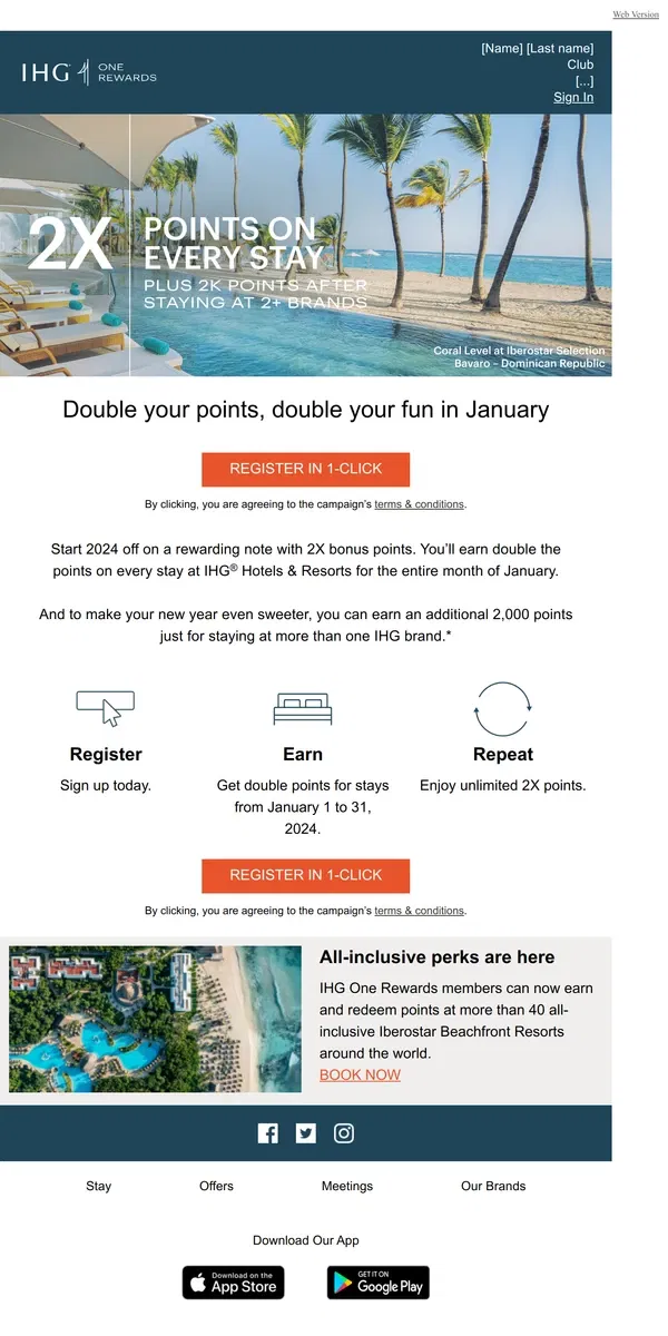 Email from IHG Hotels & Resorts. January only: Get 2X points 🎉​