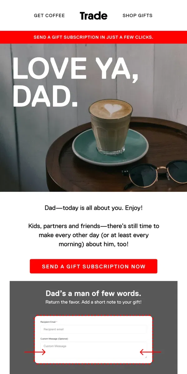 Email from Trade Coffee. You can still make his day!!