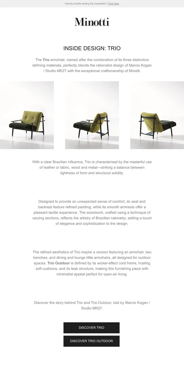 Email from MINOTTI. INSIDE DESIGN: TRIO