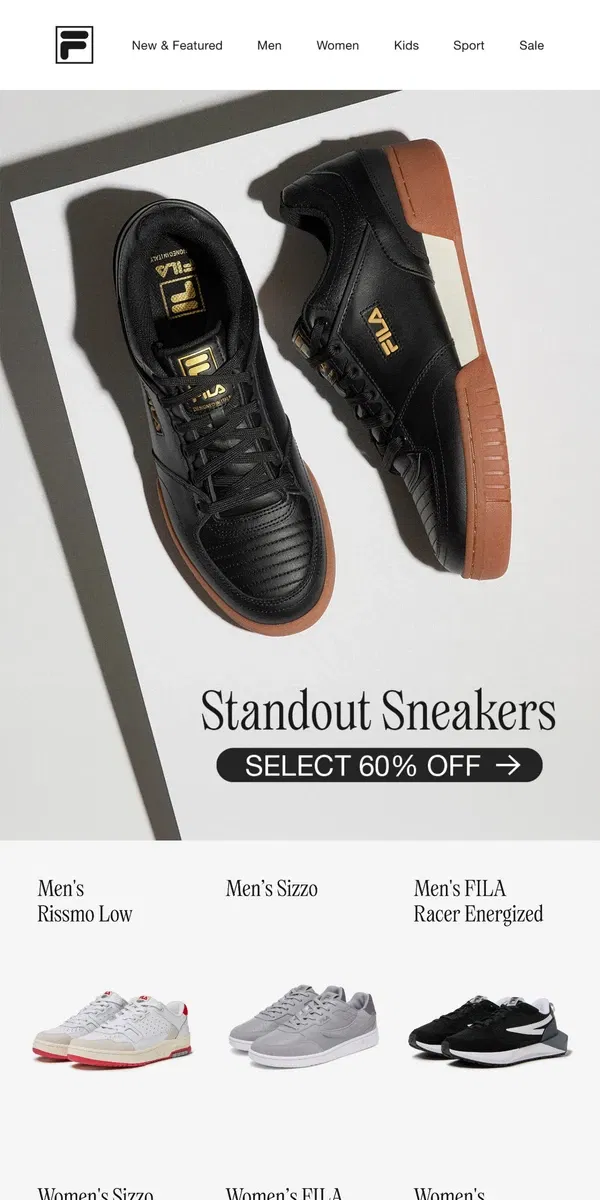 Email from FILA. Standout Sneakers, Select 60% Off