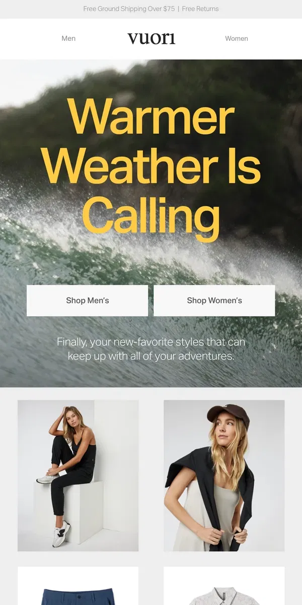 Email from Vuori. New warm-weather styles