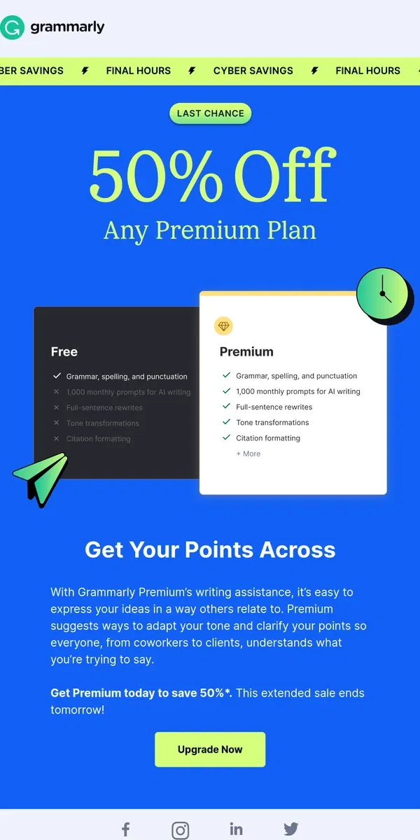 Email from Grammarly. Final hours: 50% off Premium ends soon ⏰