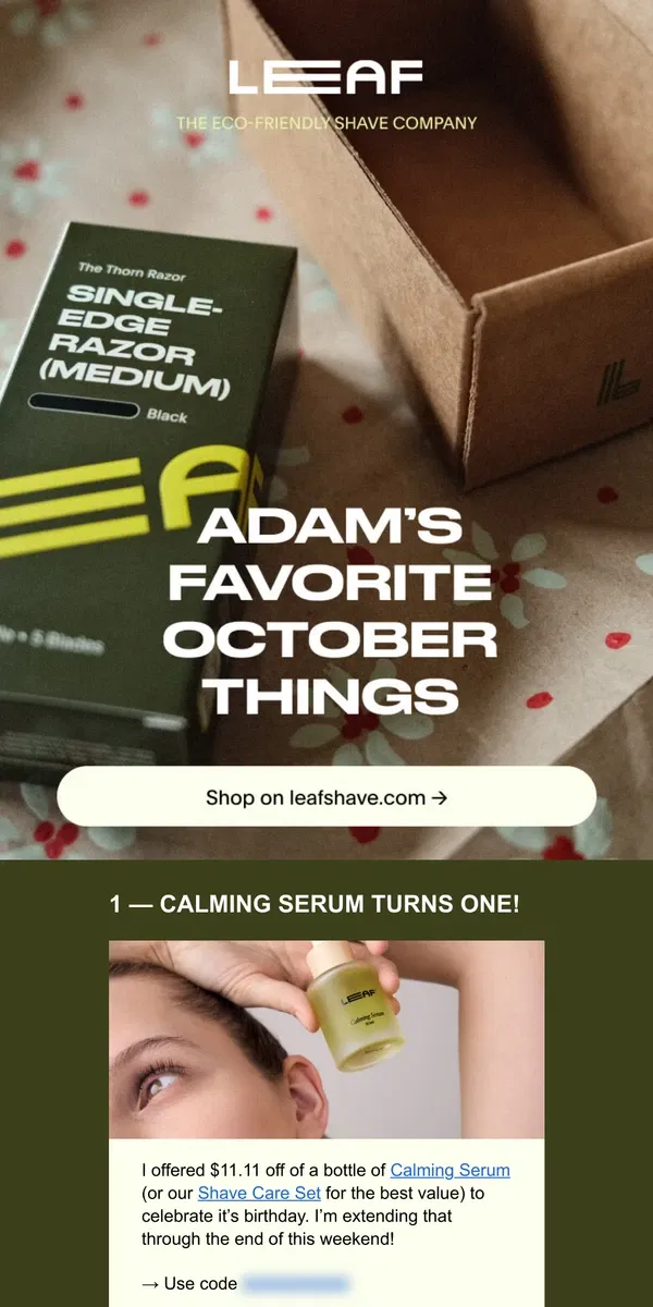 Email from Leaf Shave. Adam's favorite things from October