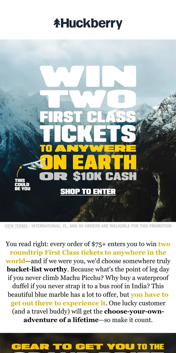 Email from Huckberry. First Class Tickets Are Calling Your Name