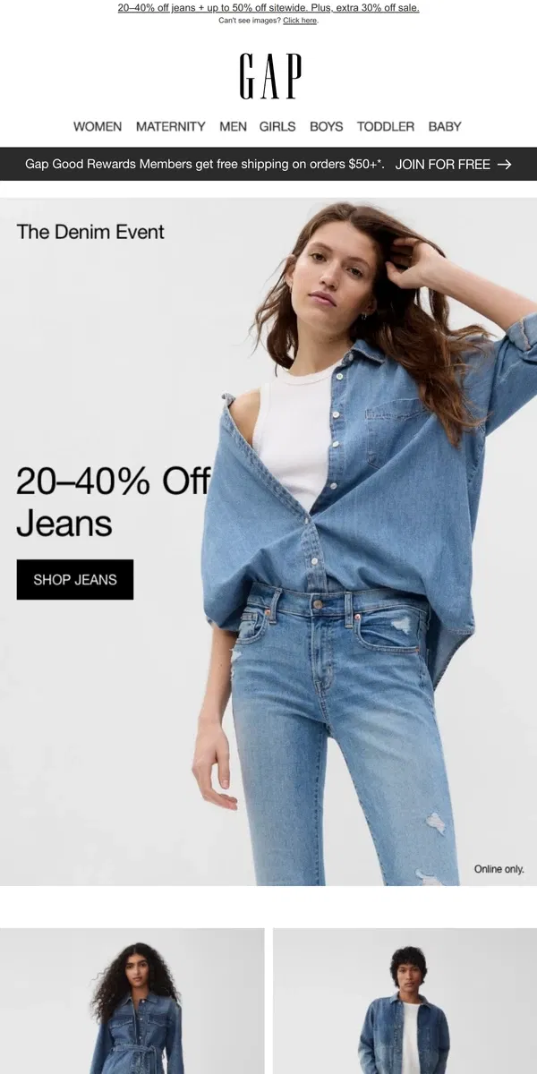 Email from GAP. You're officially in for this Denim Event: 20–40% OFF JEANS