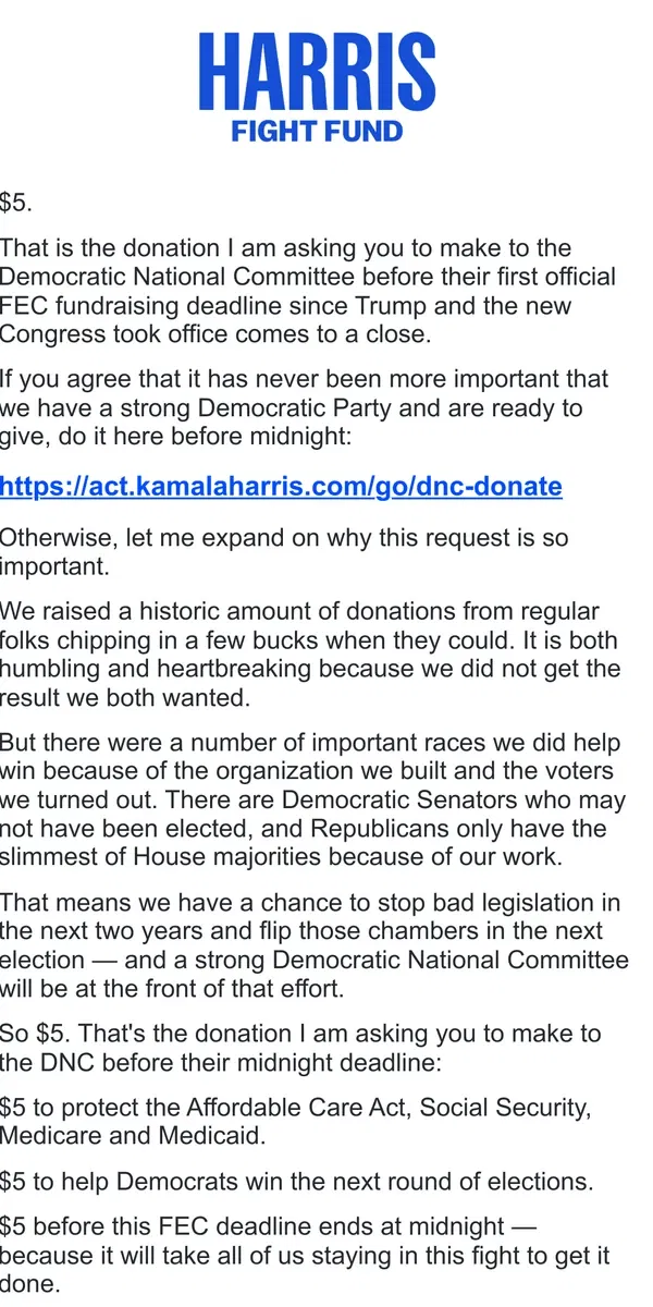 Email from Kamala Harris. I am not going to send a million fundraising emails, but this one for the DNC is important.