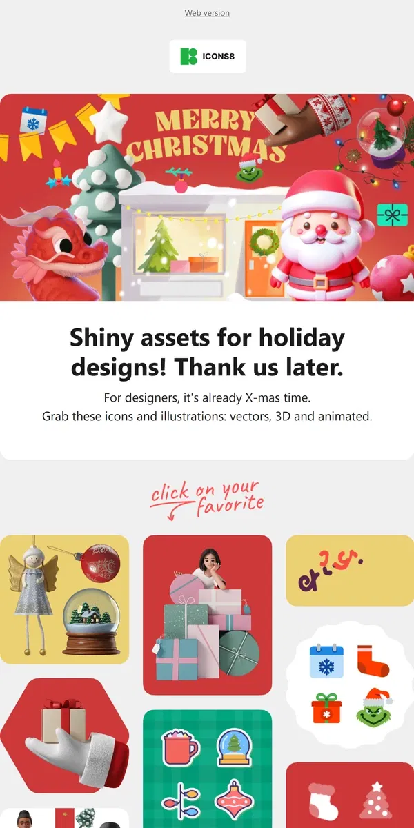 Email from Icons8. Let's prep for Christmas: assets for shiny designs ☃️