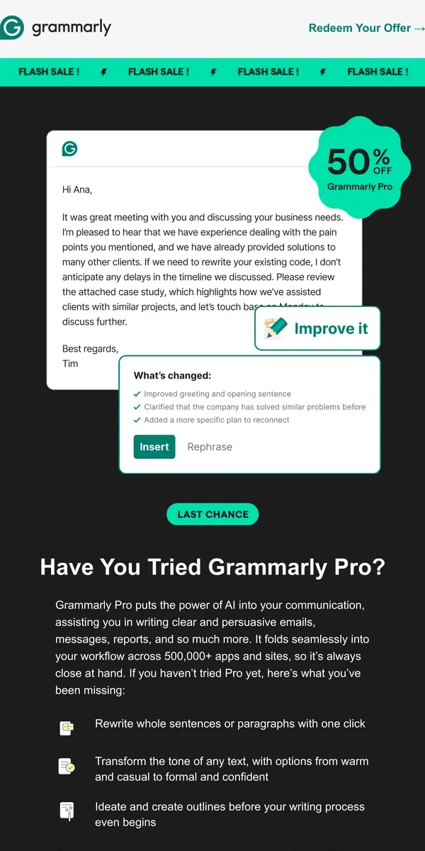 Email from Grammarly. 🚨 Last chance for 50% off Pro