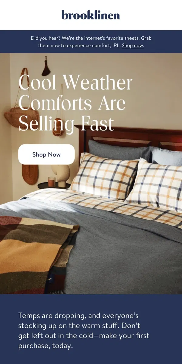 Email from Brooklinen. Our Cool Weather Bedding is a HOT topic