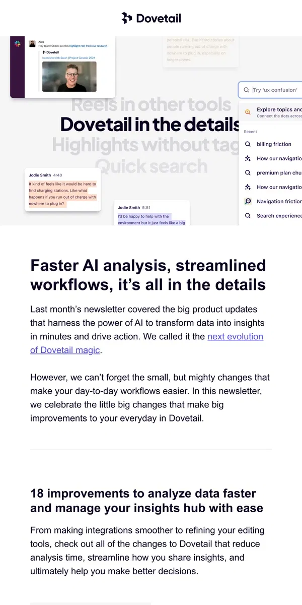 Email from Dovetail. What’s new: 18 product improvements