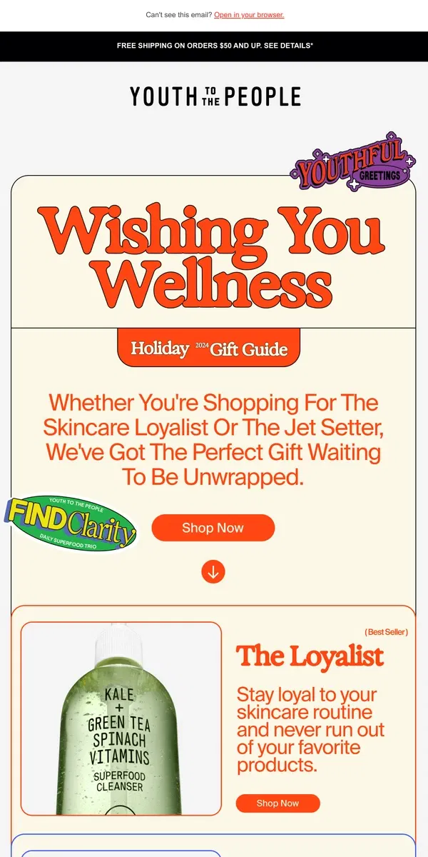 Email from Youth To The People. INSIDE: YTTP's Guide To Gifting