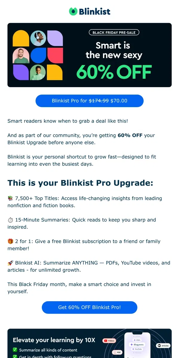 Email from Blinkist. Smart is the New Sexy. And smart readers get 60% OFF 🧠