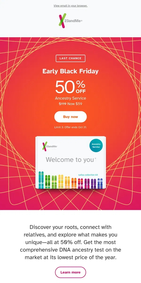 Email from 23andMe. Last Chance: 50% off Ancestry Service