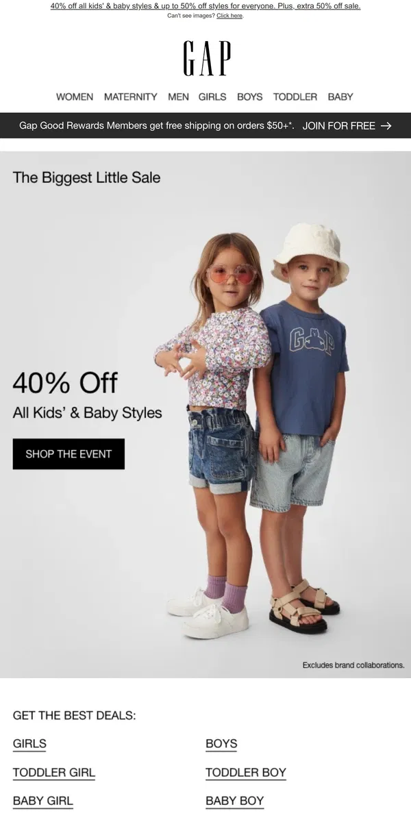 Email from GAP. Announcing 40% OFF *ALL* kids' & baby styles + NEW sale additions!