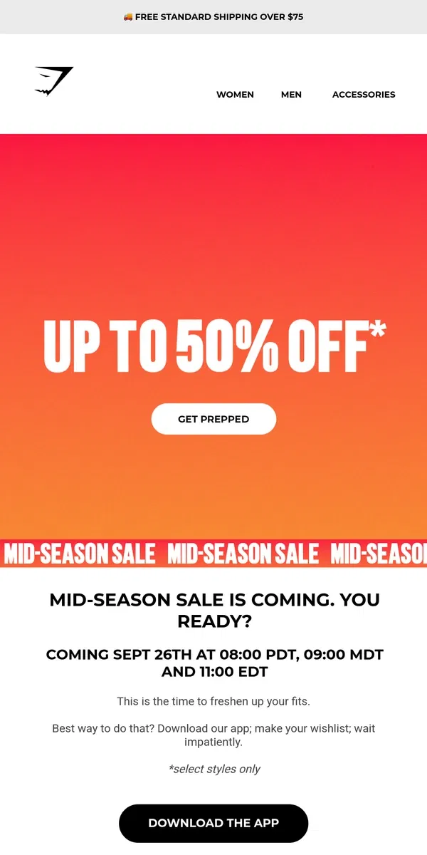 Email from Gymshark. Our Mid-Season Sale is coming sooooon 👀