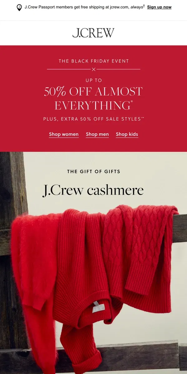 Email from J.Crew. The gift of gifts: J.Crew cashmere