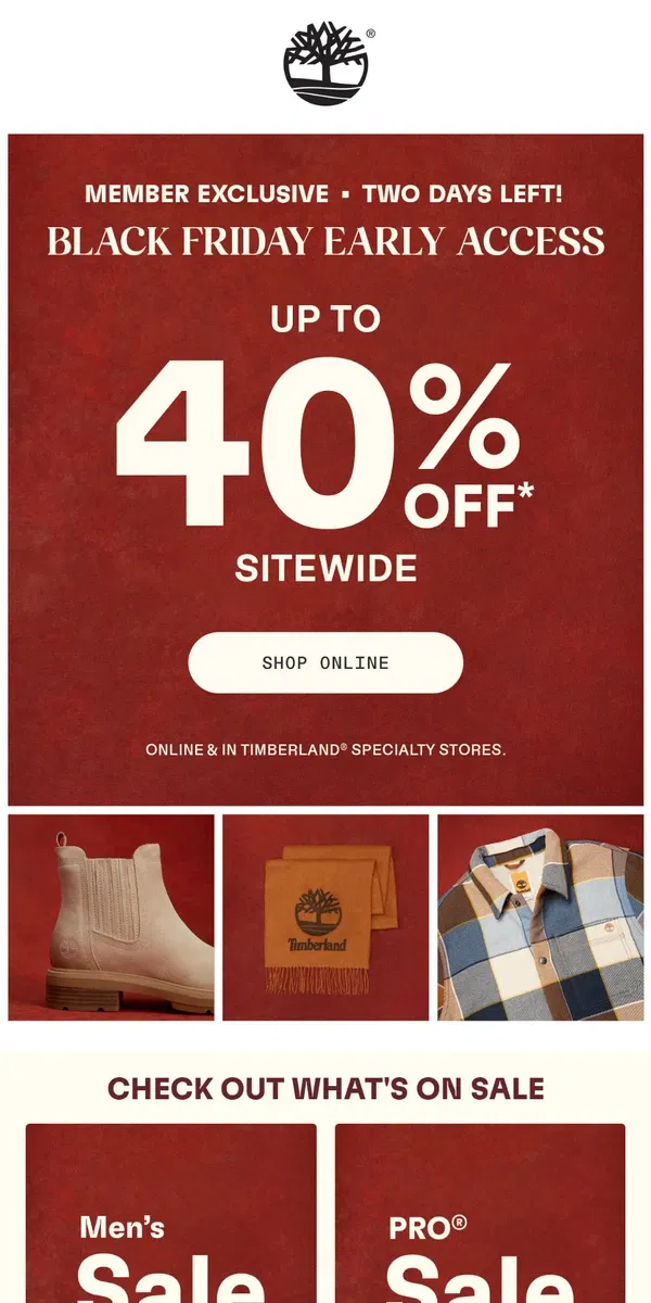 Email from Timberland. TWO DAYS LEFT: Members Get Up to 40% Off With Early Sale Access.