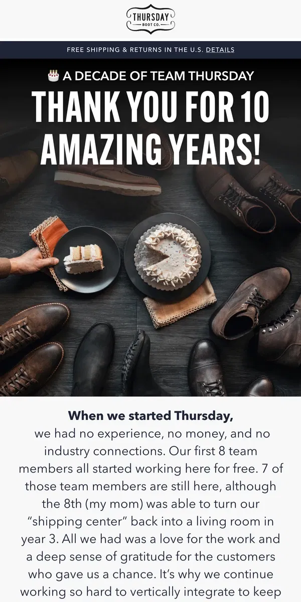 Email from Thursday Boot Company. 10 Years Of Thursday Boots! 🎂🎉