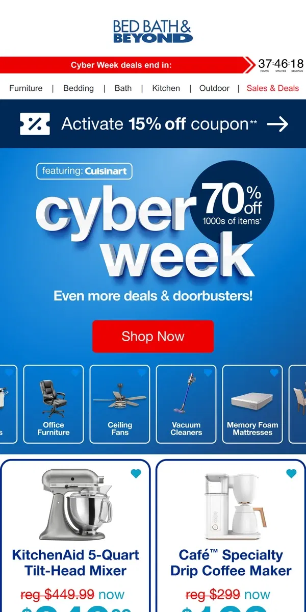 Email from Bed Bath & Beyond. Cyber Week Doorbusters are GOING FAST 😱