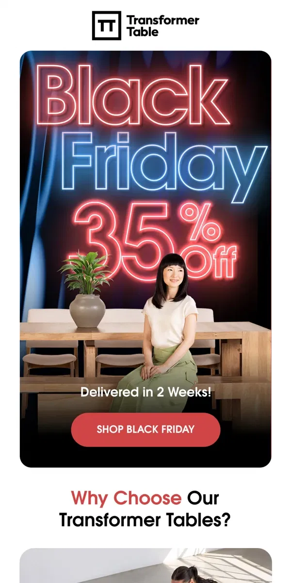 Email from Transformer Table. Black Friday Sale Is Live: Low Stock Alert!