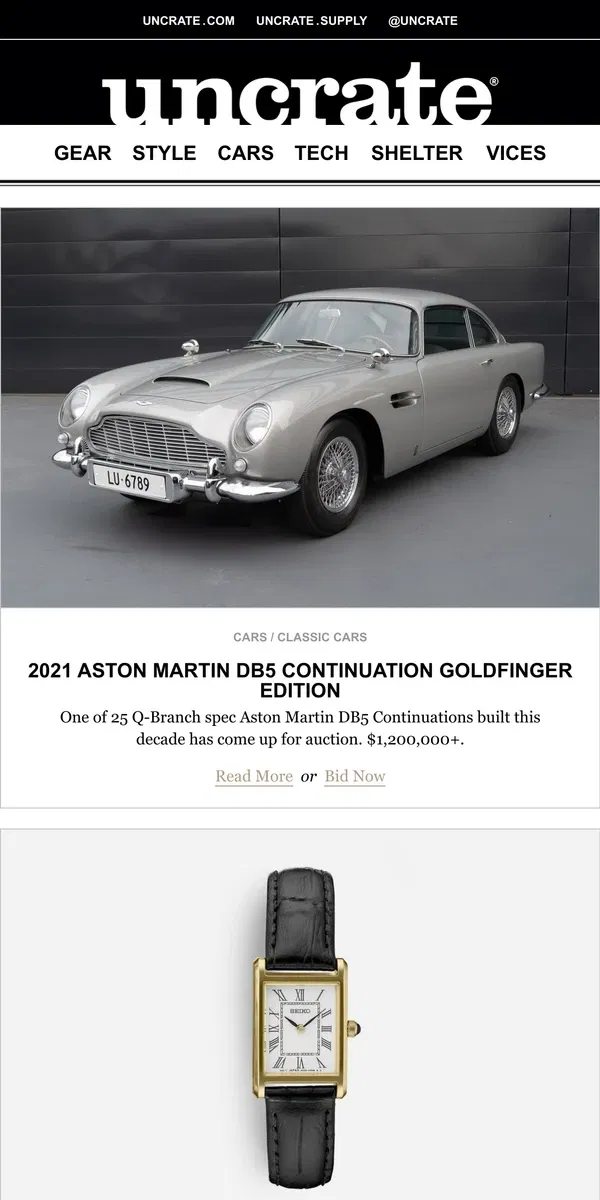 Email from Uncrate. 2021 Aston Martin DB5 Continuation Goldfinger Edition & more