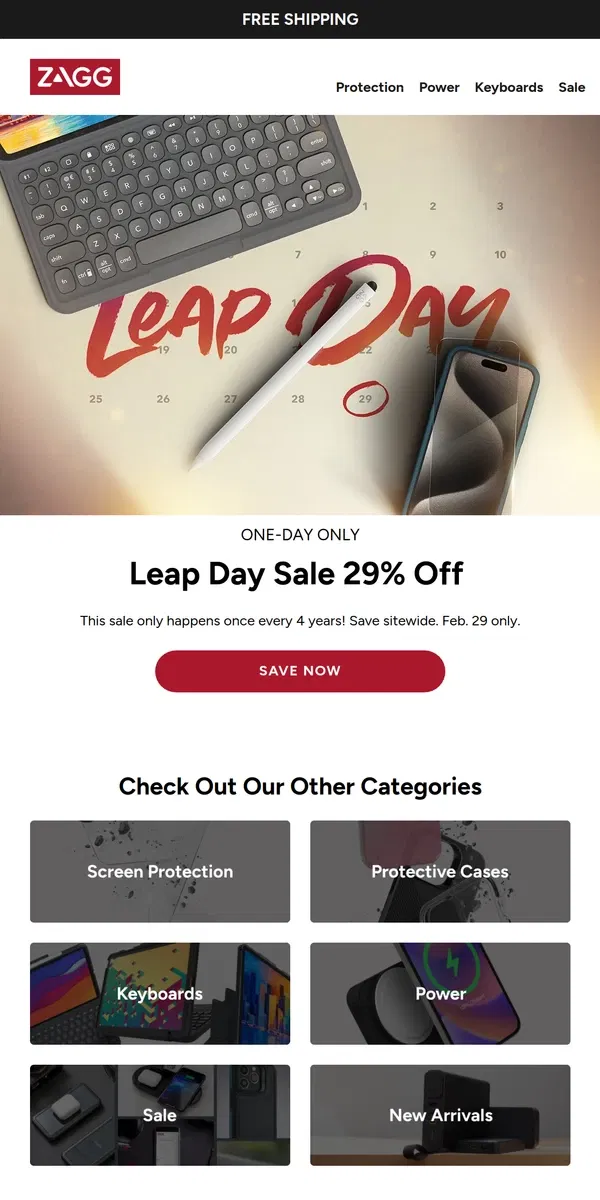 Email from ZAGG. Leap into Savings: 29% Off Sitewide! One Day Only!