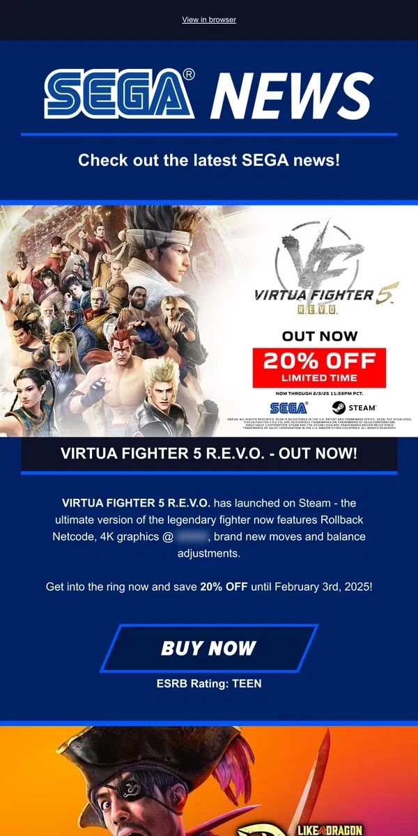 Email from SEGA. Virtua Fighter 5 R.E.V.O. is Out Now + More SEGA News!