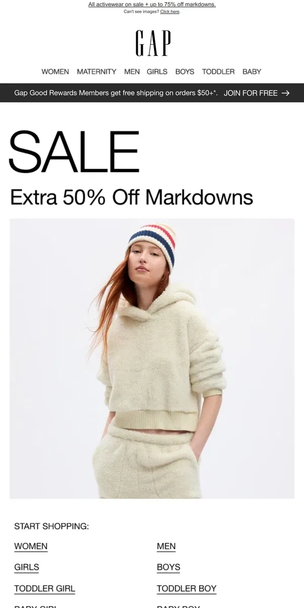 Email from GAP. A thank-you treat! Up to 75% off + ALL activewear on SALE