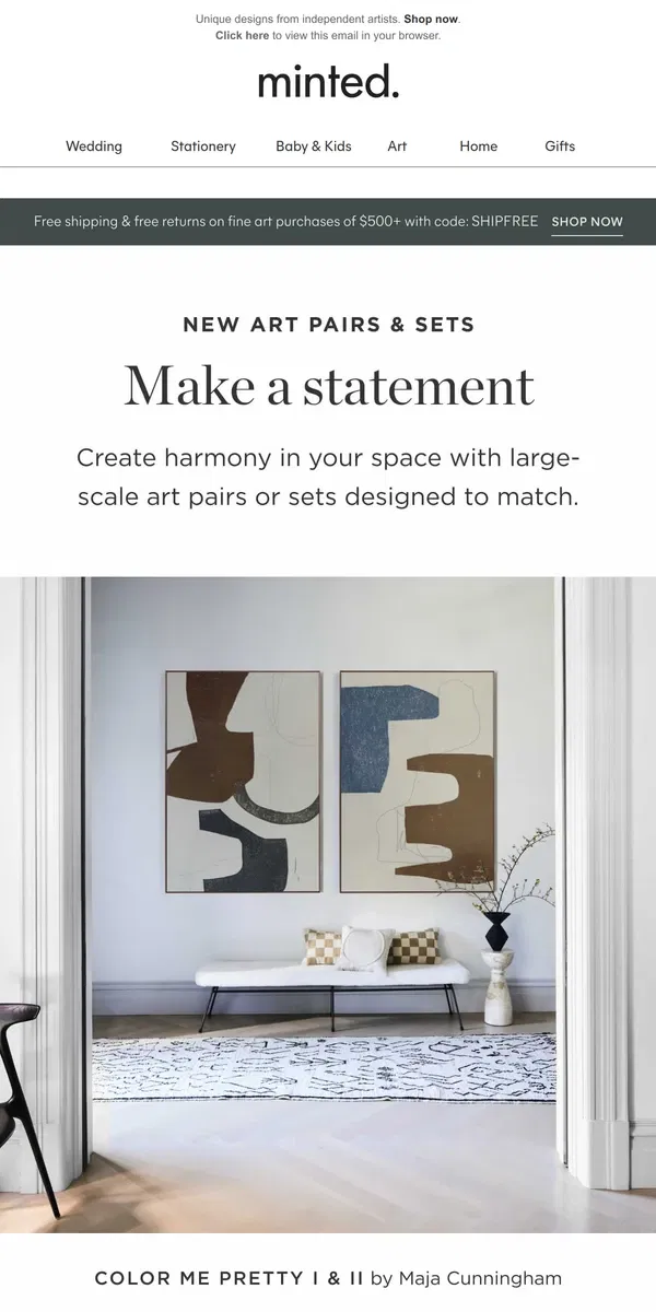 Email from Minted. New art pairs & sets with impact