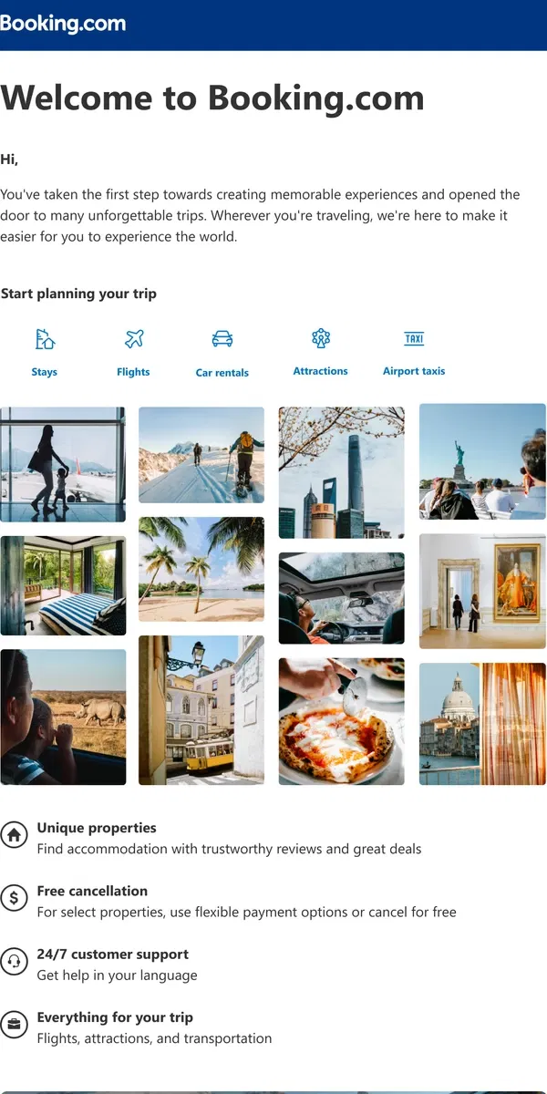 Email from Booking.com. Welcome – explore the world of travel with us