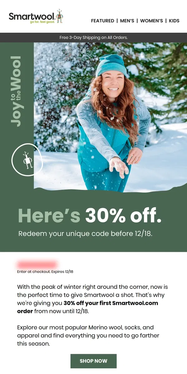 Email from Smartwool. 30% off ONLY for you.