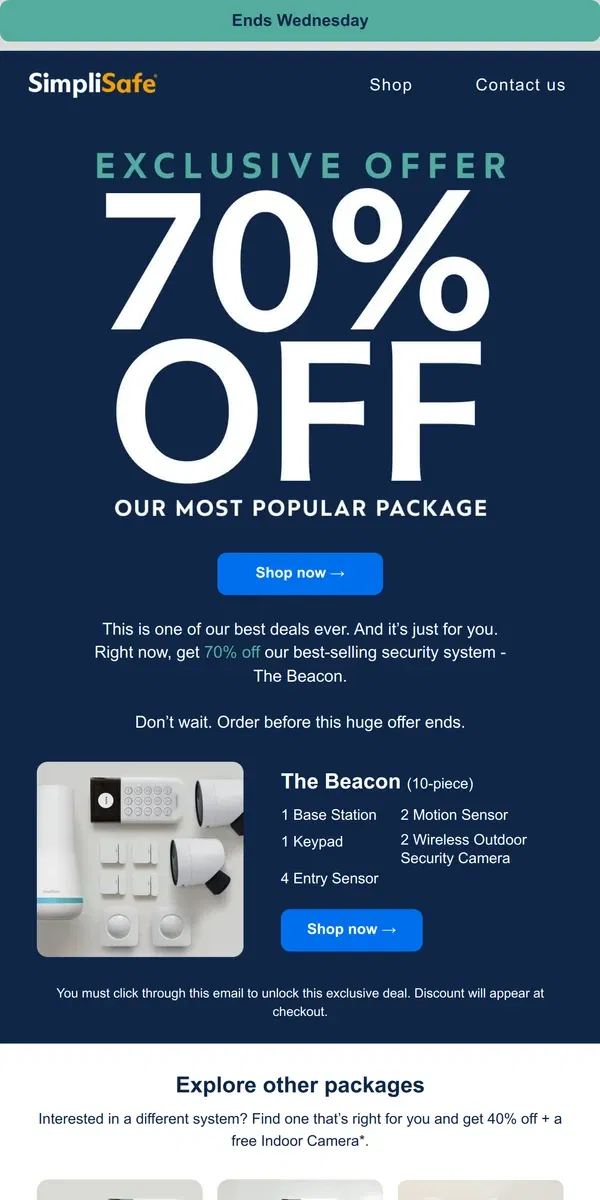 Email from SimpliSafe. Exclusive offer alert — 70% off our best-selling package