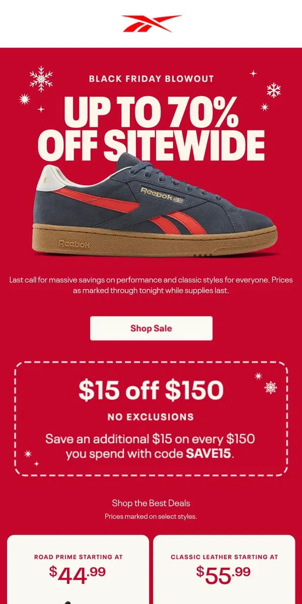 Email from Reebok. LAST DAY: Up to 70% OFF for Black Friday ends soon ⏳