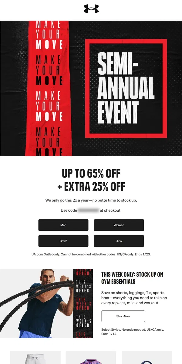 Email from Under Armour. Up to 65% off + EXTRA 25% off 👀