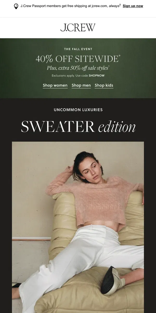 Email from J.Crew. New sweaters, from brushed cashmere to chunky knits