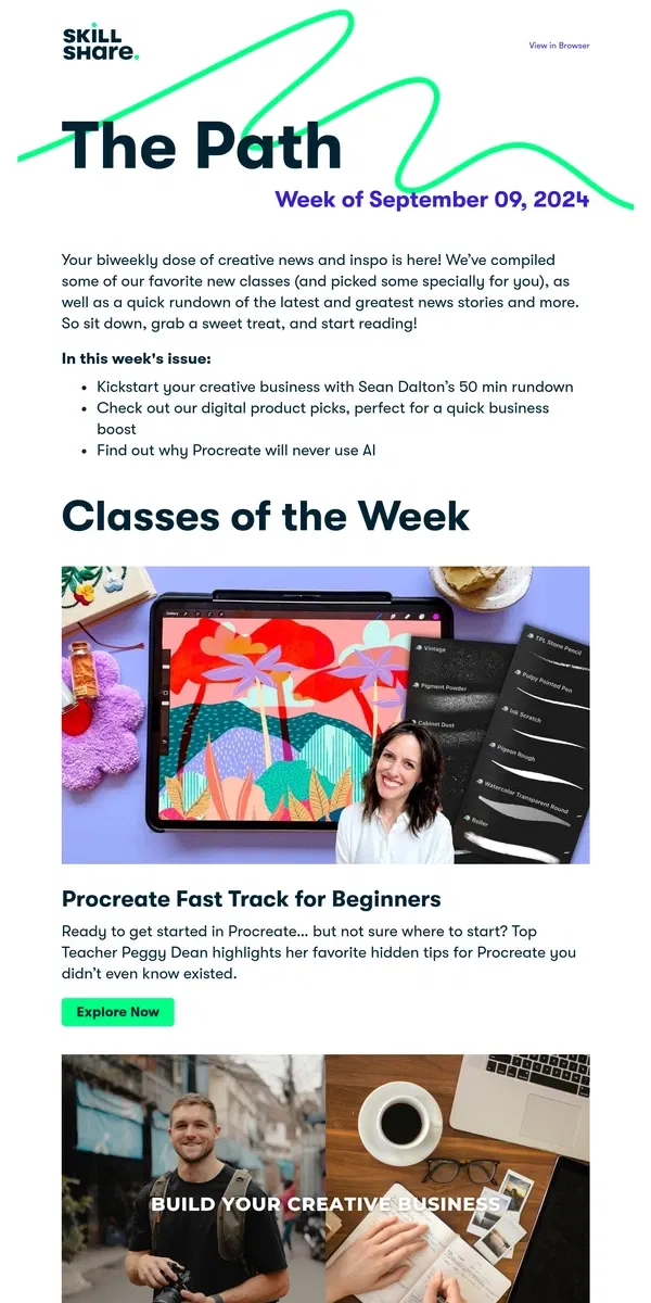 Email from Skillshare. The Path: Issue 026 - Hidden Procreate tips, teach yourself guitar, and creative biz 101 in 50 min.