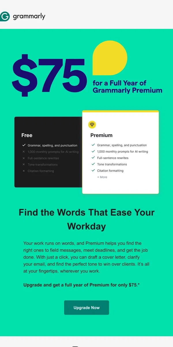 Email from Grammarly. Happening now: Get a full year of Premium for $75