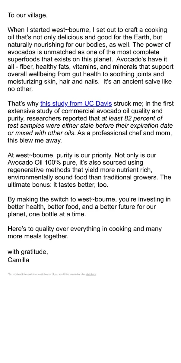 Email from west-bourne. Is your Avocado Oil pure? Let's raise the standard.