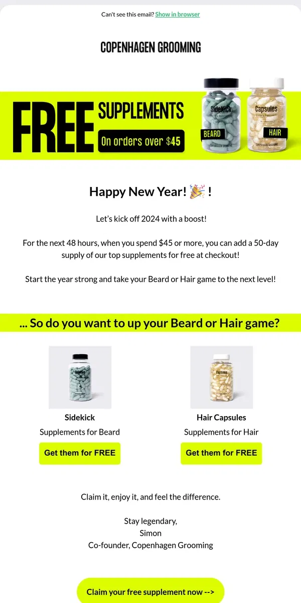 Email from Copenhagen Grooming. 🚨 48 Hours Only: Free supplements at checkout