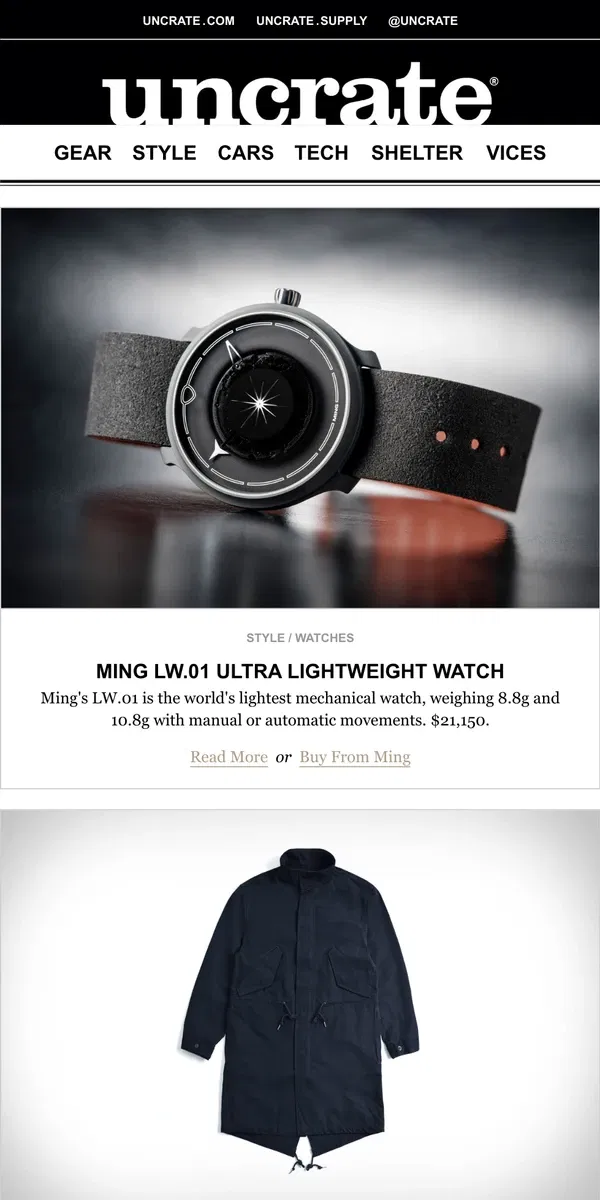 Email from Uncrate. Ming LW.01 Ultra Lightweight Watch & more