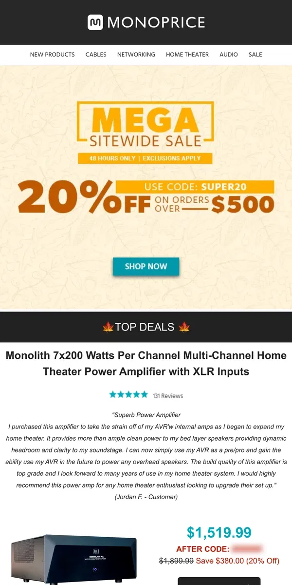 Email from Monoprice. ENDS TODAY! | 20% OFF $500+