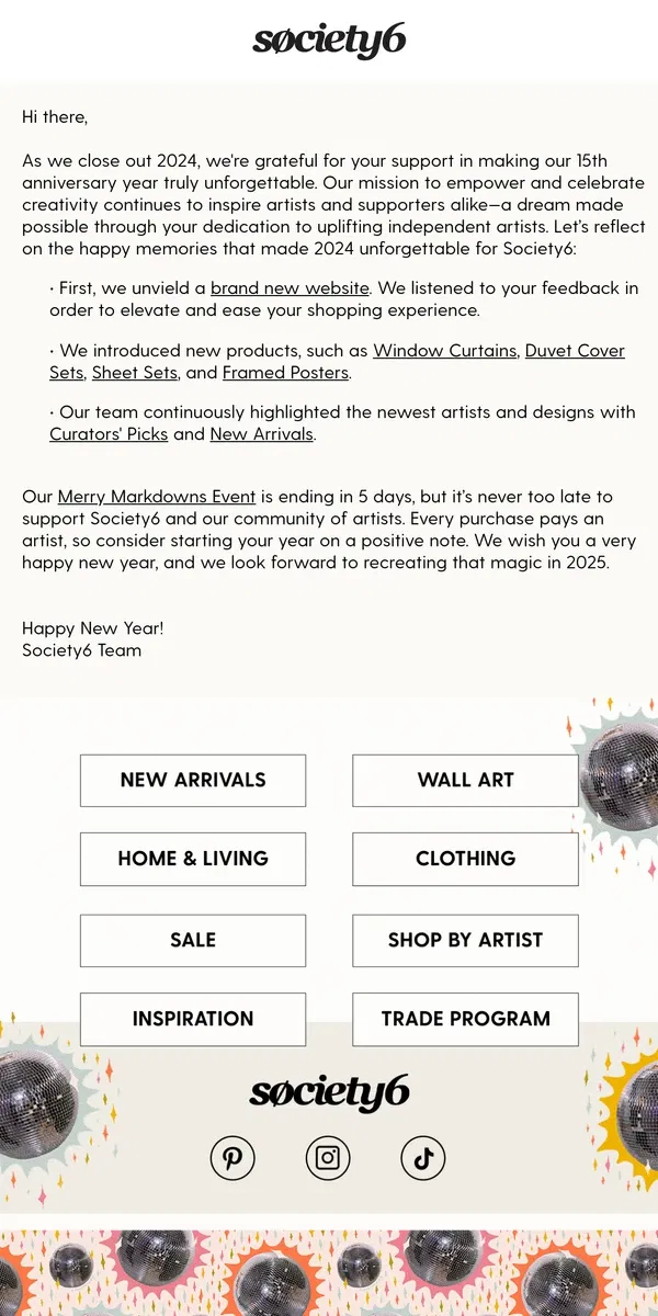 Email from Society6. Wishing You & Yours a Happy New Year