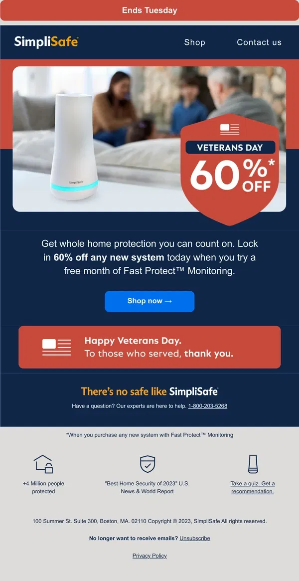 Email from SimpliSafe. Grab a special deal for Veterans Day