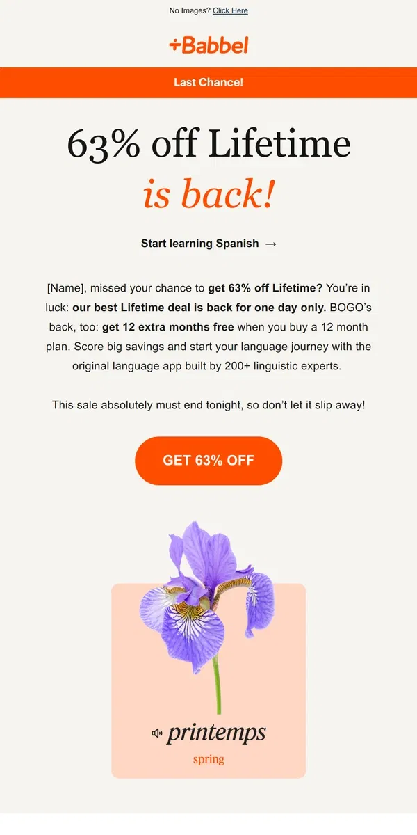 Email from Babbel. *sigh of relief* we brought back 63% off just for you!